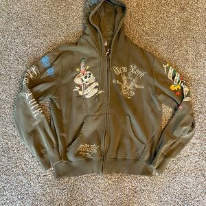 Ed Hardy Olive Hoodie with Tattoo Graphics